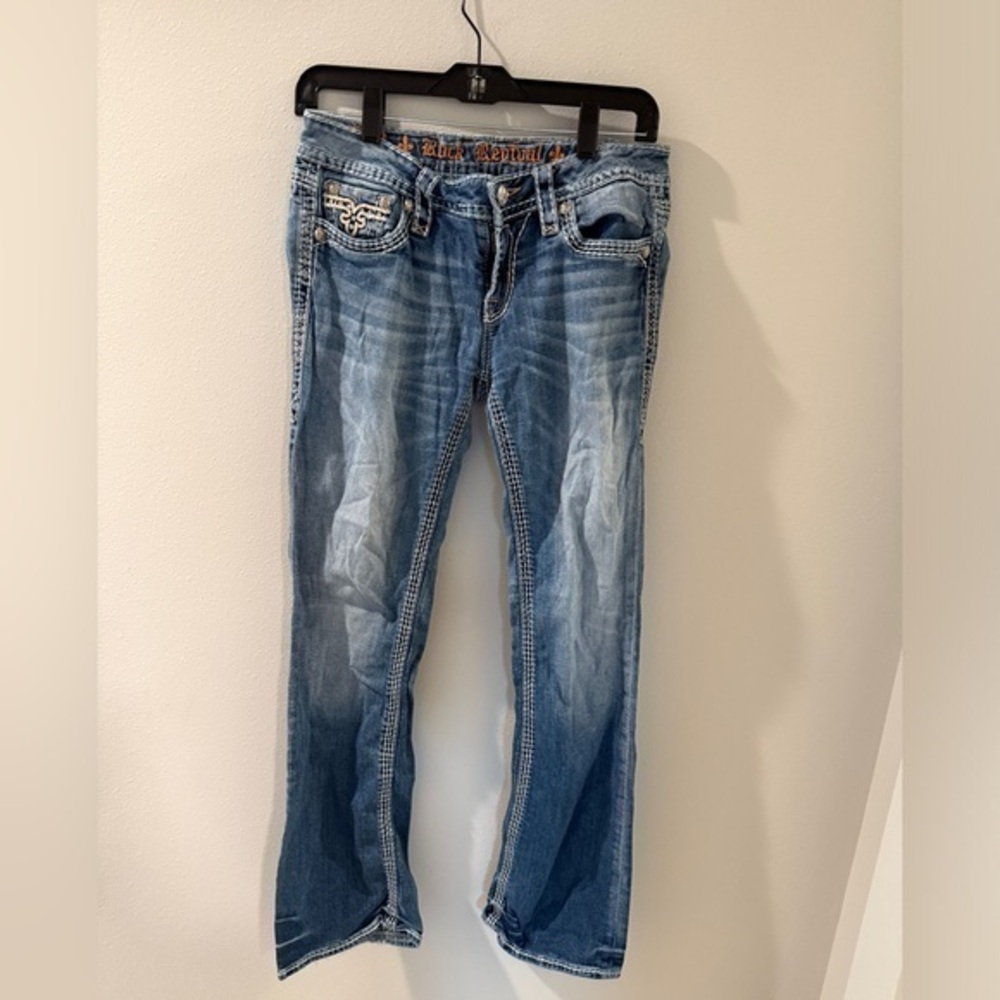 Rock Revival Size 28 Medium Wash Faded Emboridered Pockets Kai Boot Jeans Blue